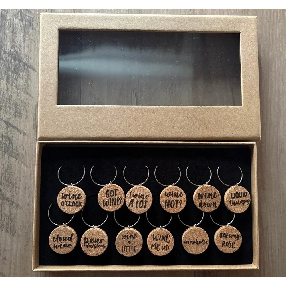 NEW 12pc Cork Wine Glass Charms Set Punny Drink Markers Hostess Gift